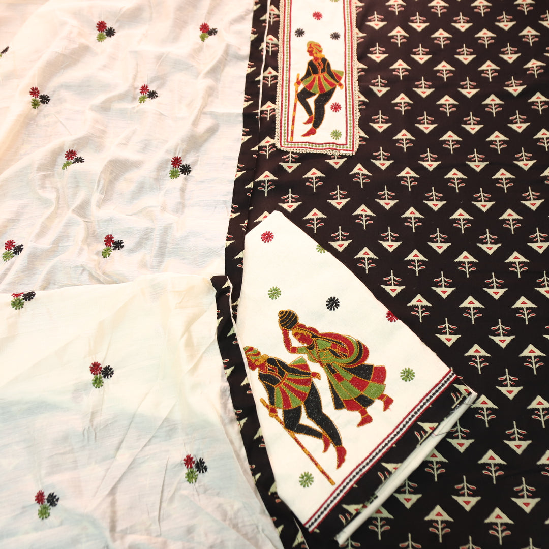 Mayuro Charcoal Black Embriodered Patch Yoke on Neck in Digital Printed Cotton Set
