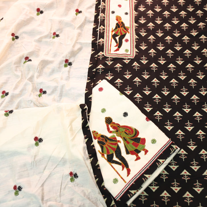 Mayuro Charcoal Black Embriodered Patch Yoke on Neck in Digital Printed Cotton Set