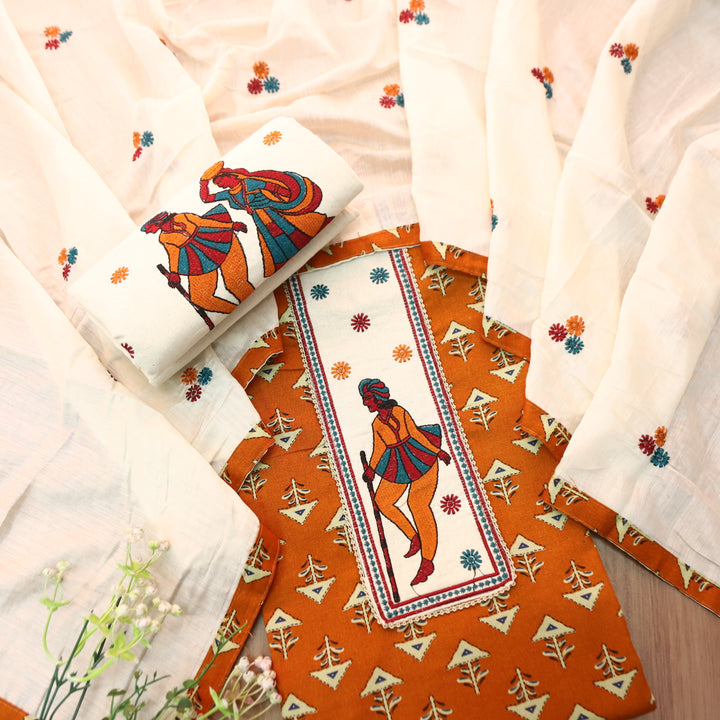 Mayuro Mango Orange Embriodered Patch Yoke on Neck in Digital Printed Cotton Set
