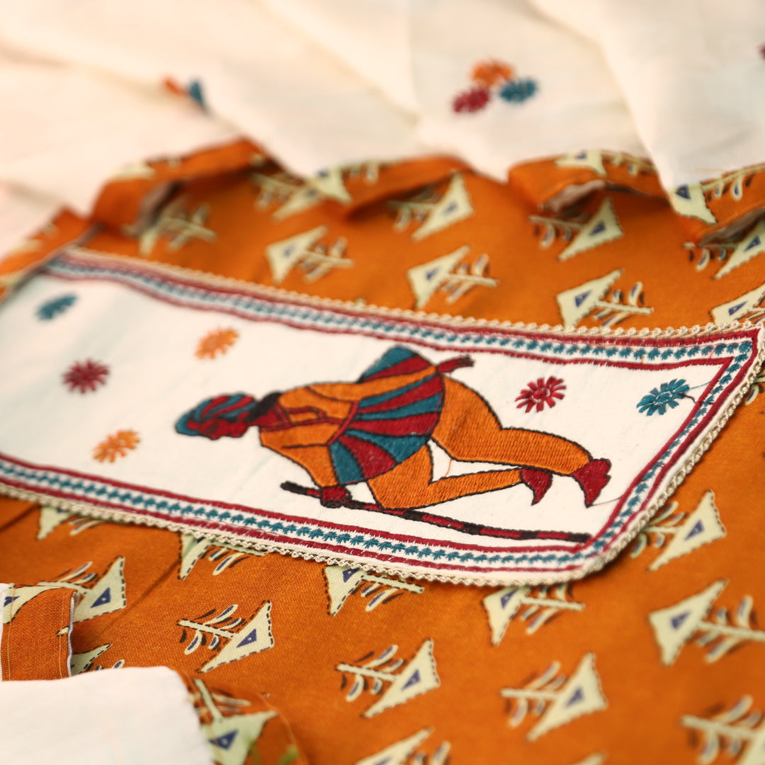 Mayuro Mango Orange Embriodered Patch Yoke on Neck in Digital Printed Cotton Set