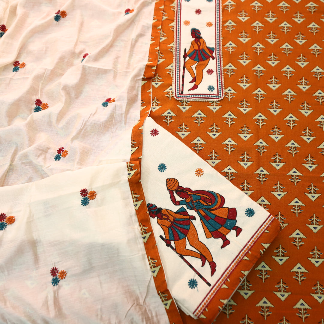 Mayuro Mango Orange Embriodered Patch Yoke on Neck in Digital Printed Cotton Set