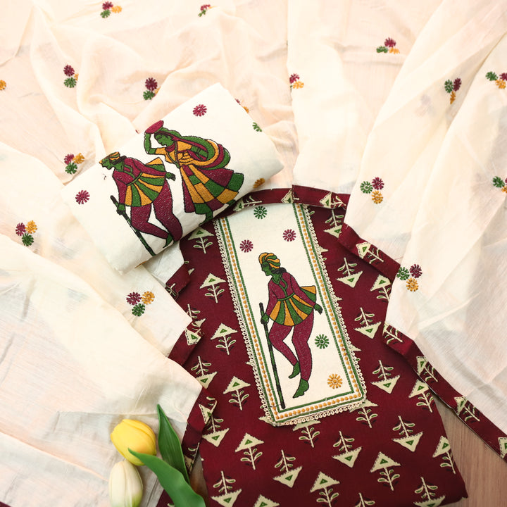 Mayuro Burgundy Wine Embriodered Patch Yoke on Neck in Digital Printed Cotton Set
