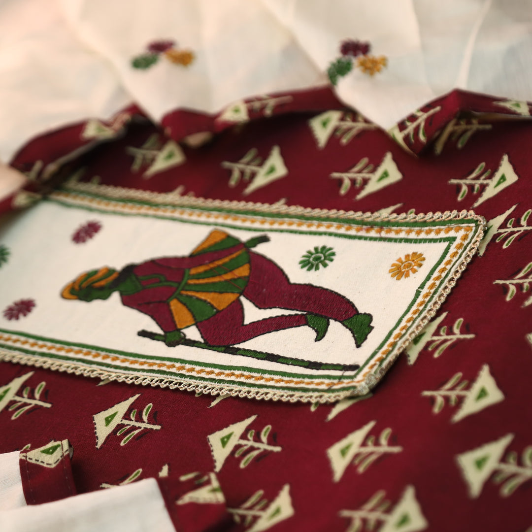 Mayuro Burgundy Wine Embriodered Patch Yoke on Neck in Digital Printed Cotton Set