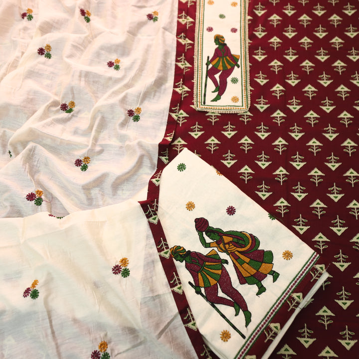 Mayuro Burgundy Wine Embriodered Patch Yoke on Neck in Digital Printed Cotton Set