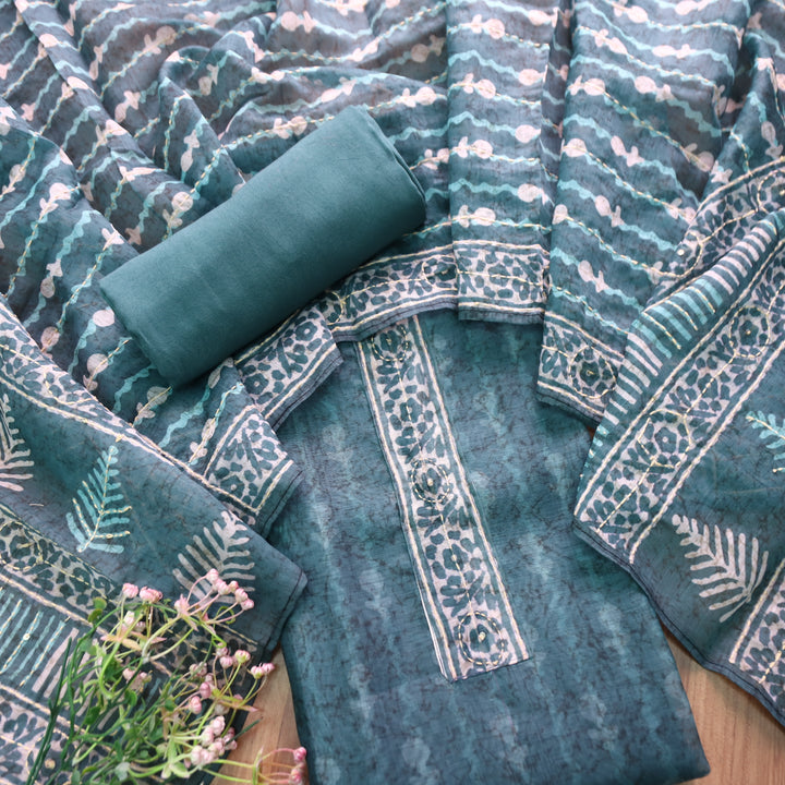 Kashvi Cerulean Blue with Kantha Embroidery Neck Work Chanderi Suit Set