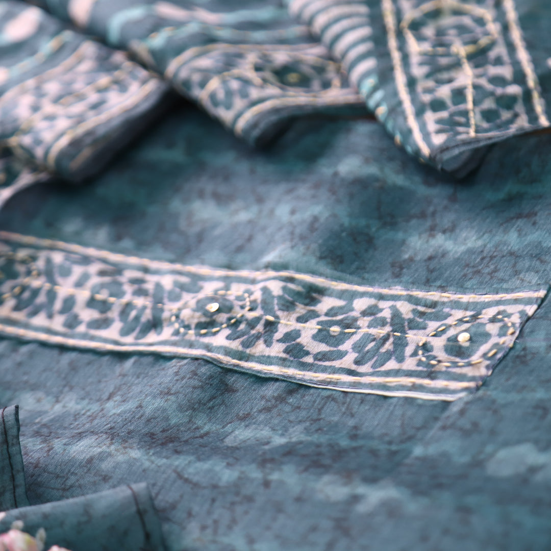 Kashvi Cerulean Blue with Kantha Embroidery Neck Work Chanderi Suit Set