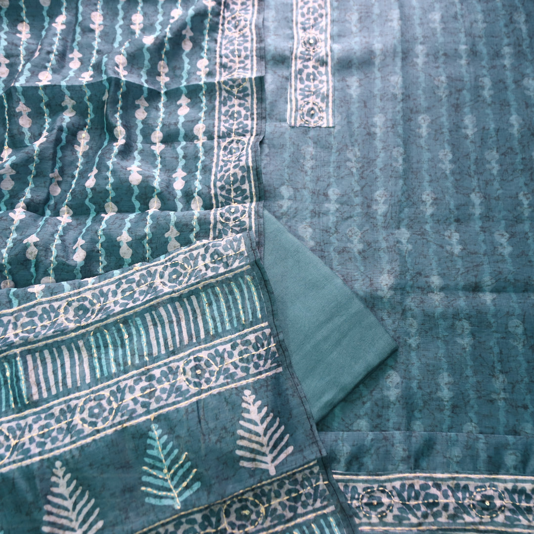 Kashvi Cerulean Blue with Kantha Embroidery Neck Work Chanderi Suit Set