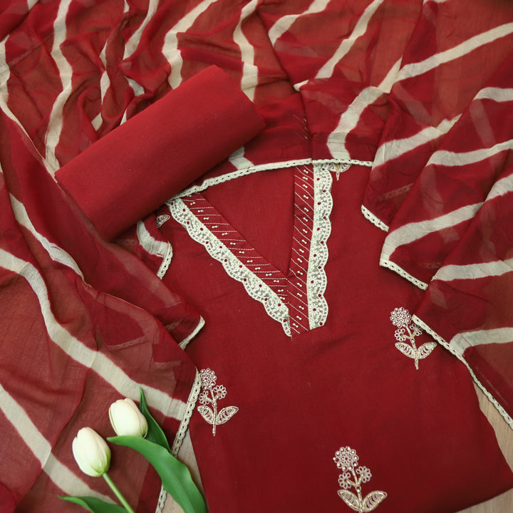 Riwaaish Bride Maroon V Neck Lace Work with Kardana Detailing Cotton Suit Set