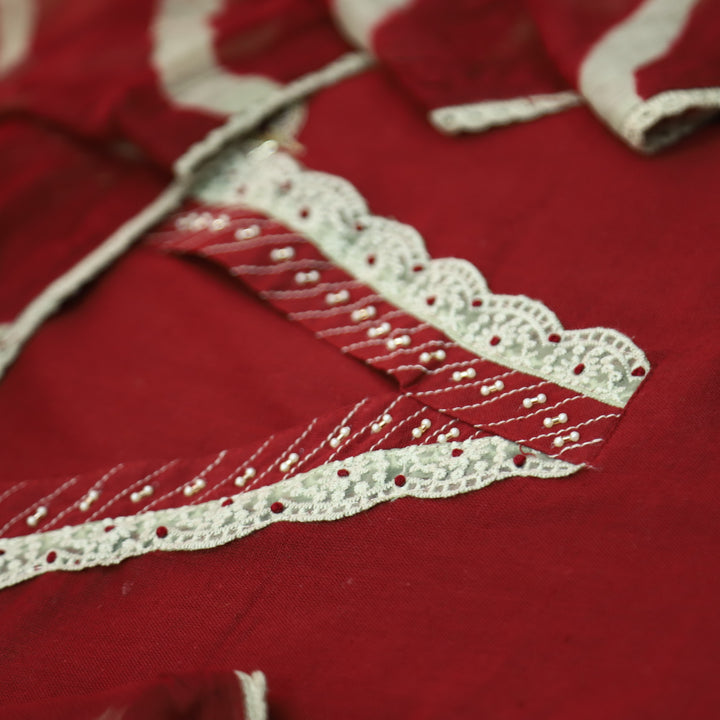 Riwaaish Bride Maroon V Neck Lace Work with Kardana Detailing Cotton Suit Set