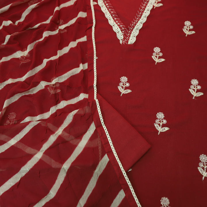 Riwaaish Bride Maroon V Neck Lace Work with Kardana Detailing Cotton Suit Set