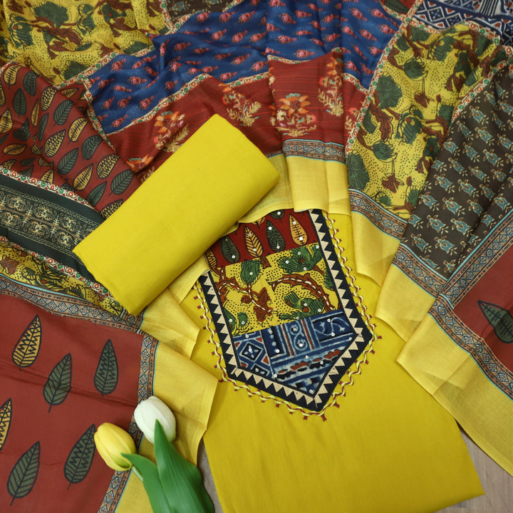 Payal Sunflower Yellow Ajrak Yoke Print with Sequin Work Cotton Suit Set