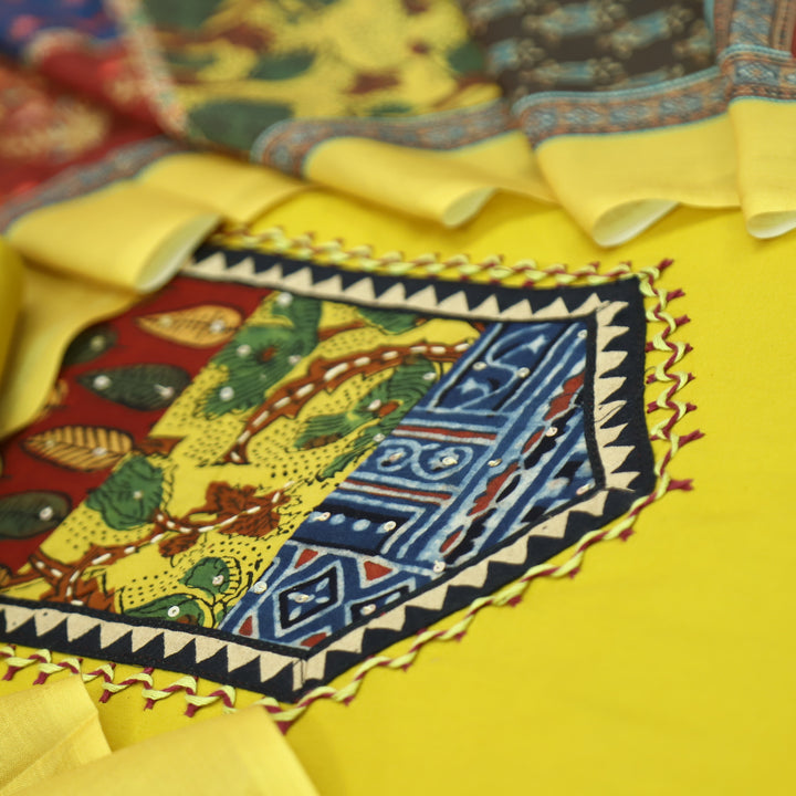 Payal Sunflower Yellow Ajrak Yoke Print with Sequin Work Cotton Suit Set