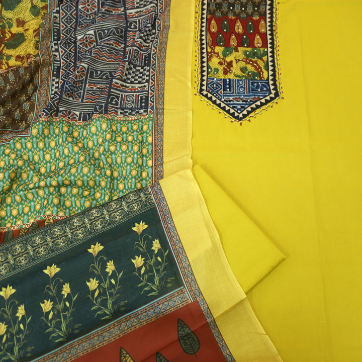 Payal Sunflower Yellow Ajrak Yoke Print with Sequin Work Cotton Suit Set