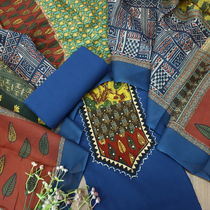 Payal Prussian Blue Ajrak Yoke Print with Sequin Work Cotton Suit Set