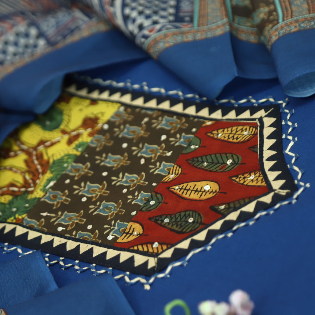 Payal Prussian Blue Ajrak Yoke Print with Sequin Work Cotton Suit Set