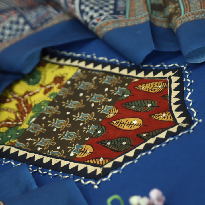 Payal Prussian Blue Ajrak Yoke Print with Sequin Work Cotton Suit Set