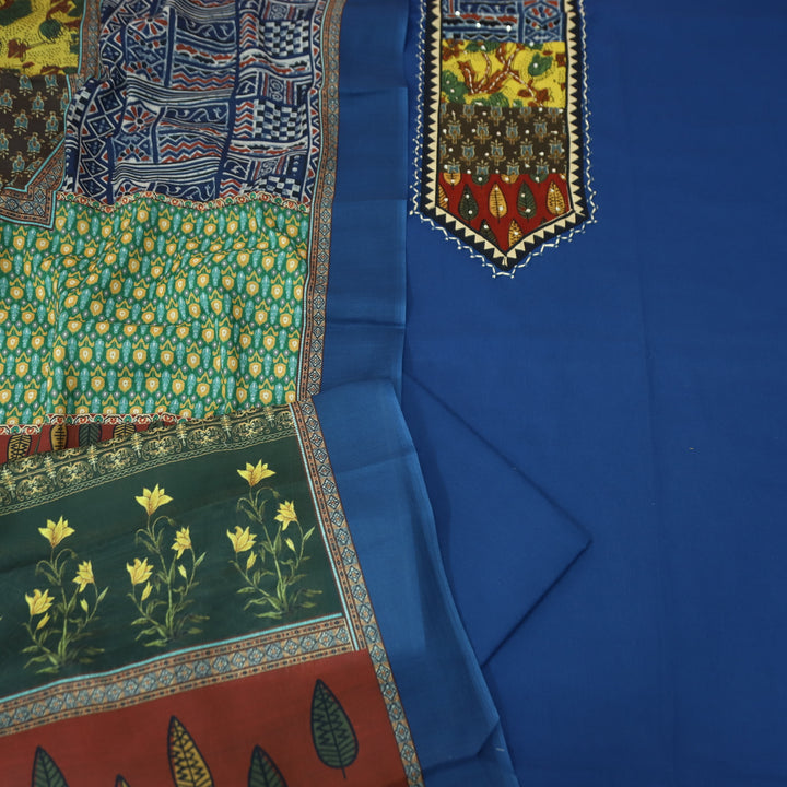 Payal Prussian Blue Ajrak Yoke Print with Sequin Work Cotton Suit Set