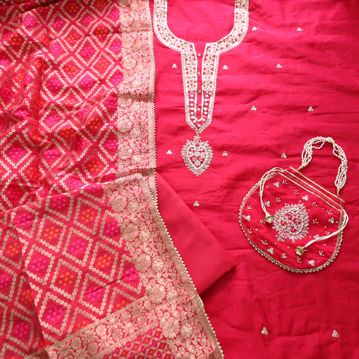 Sohini Coral Pink Embellished Neckline Work Chanderi Suit Set with Potli Bag