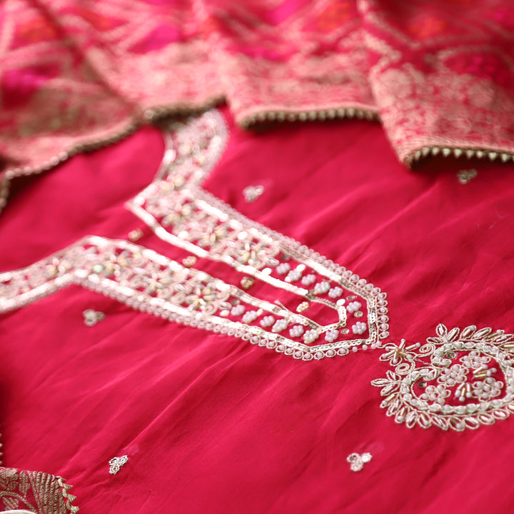 Sohini Coral Pink Embellished Neckline Work Chanderi Suit Set with Potli Bag