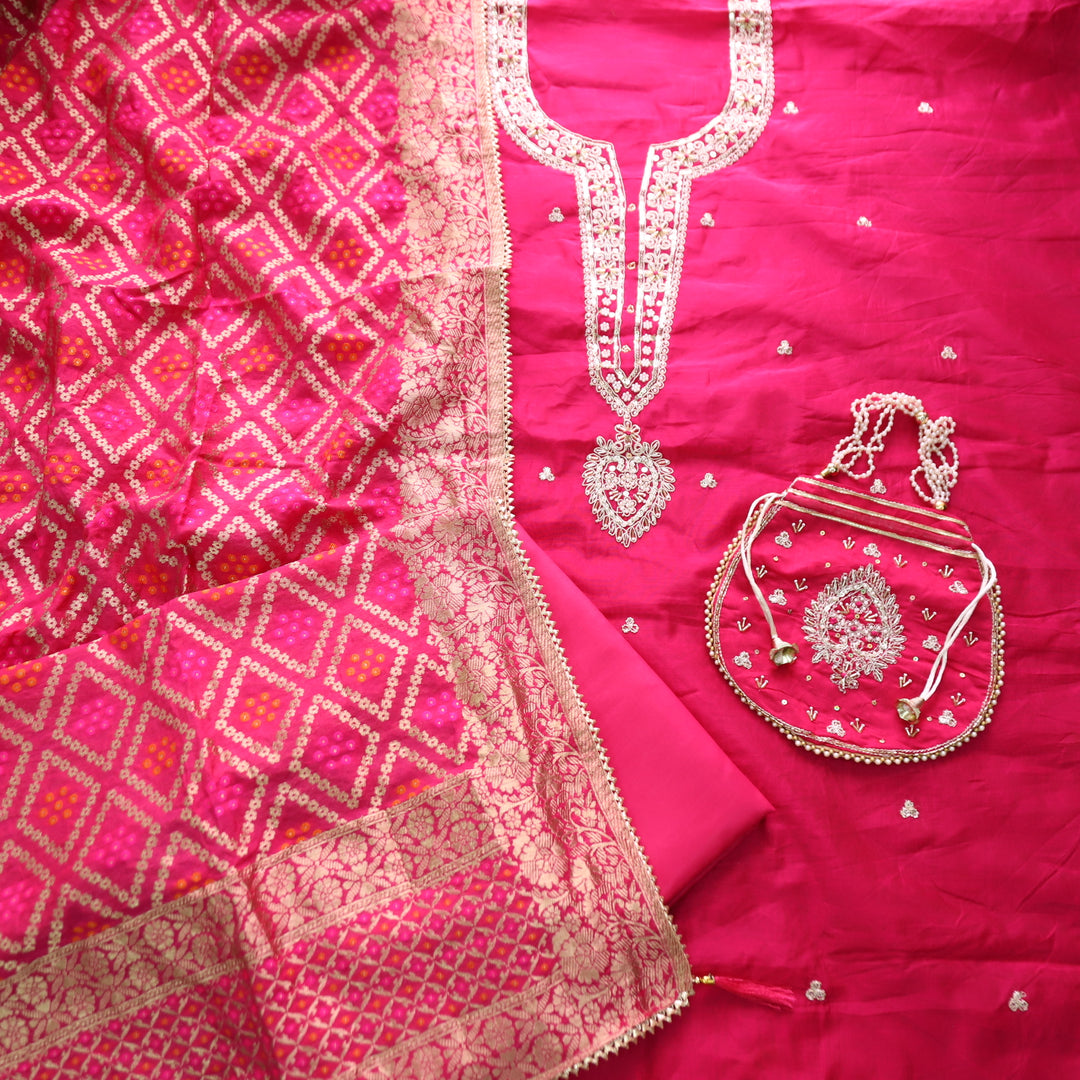 Sohini Rani Pink Embellished Neckline Work Chanderi Suit Set with Potli Bag
