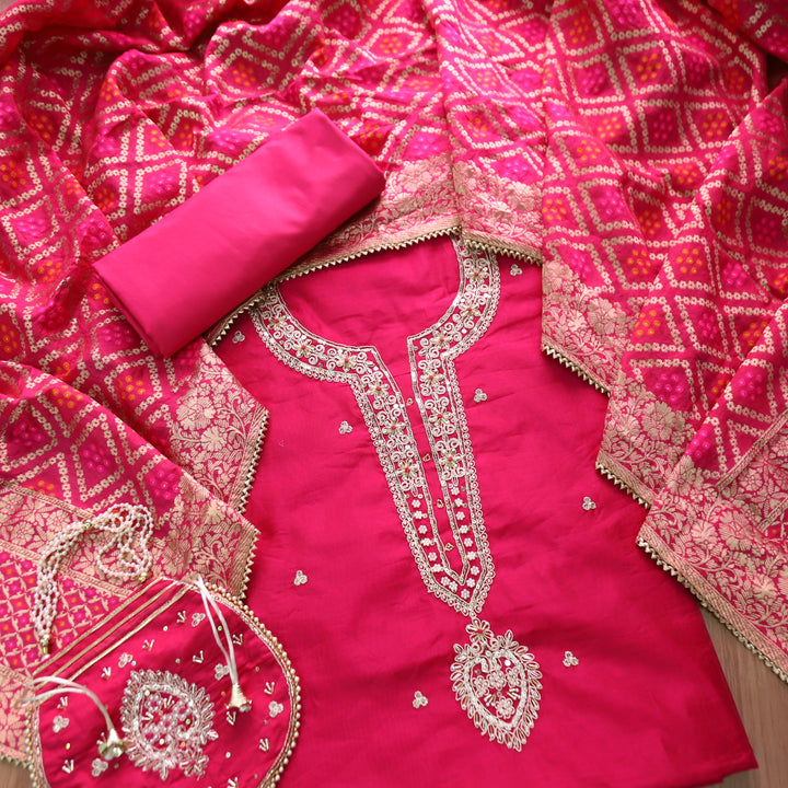 Sohini Rani Pink Embellished Neckline Work Chanderi Suit Set with Potli Bag