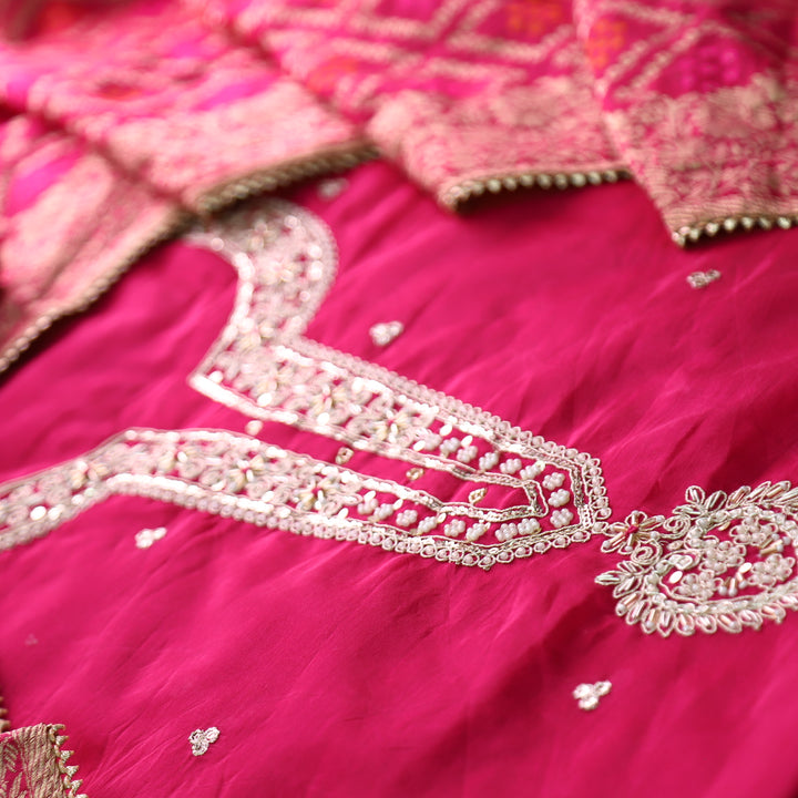 Sohini Rani Pink Embellished Neckline Work Chanderi Suit Set with Potli Bag