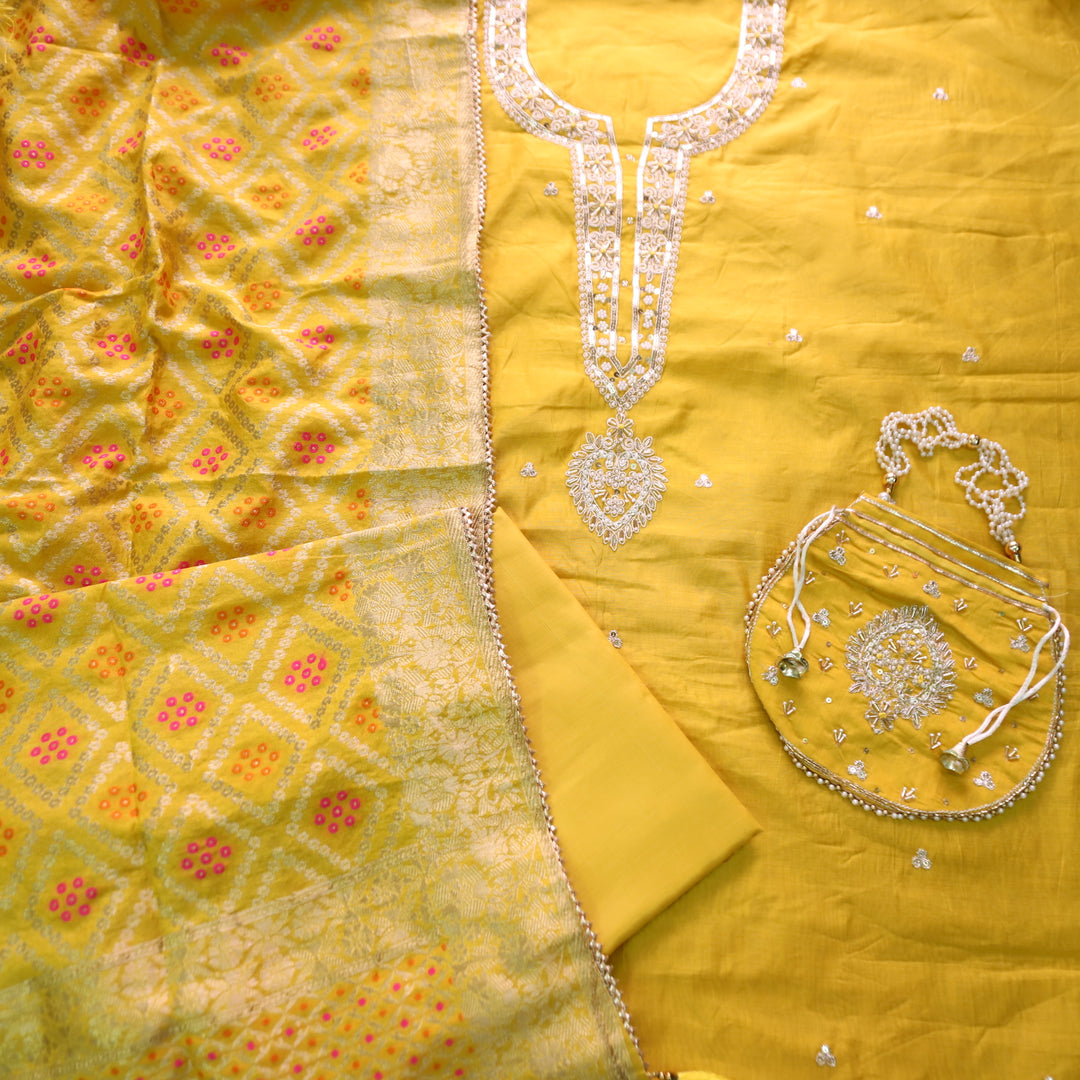 Sohini Sunflower Yellow Embellished Neckline Work Chanderi Suit Set with Potli Bag