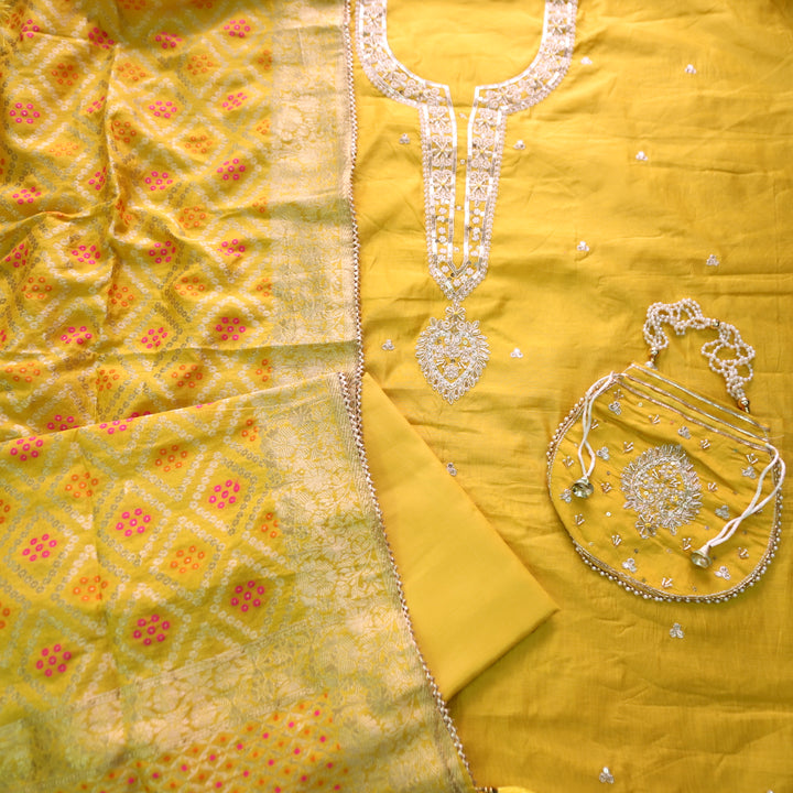 Sohini Sunflower Yellow Embellished Neckline Work Chanderi Suit Set with Potli Bag