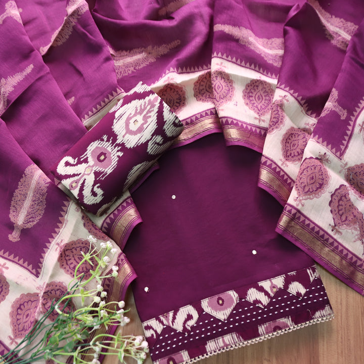 Anjaana Blueberry Purple Digital Printed Hem with Patra Work Detailing Modal Set