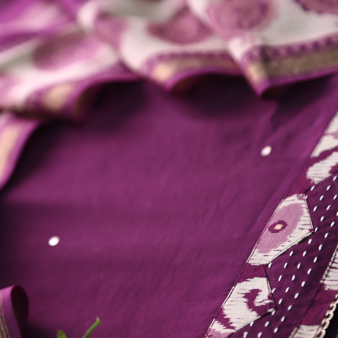 Anjaana Blueberry Purple Digital Printed Hem with Patra Work Detailing Modal Set