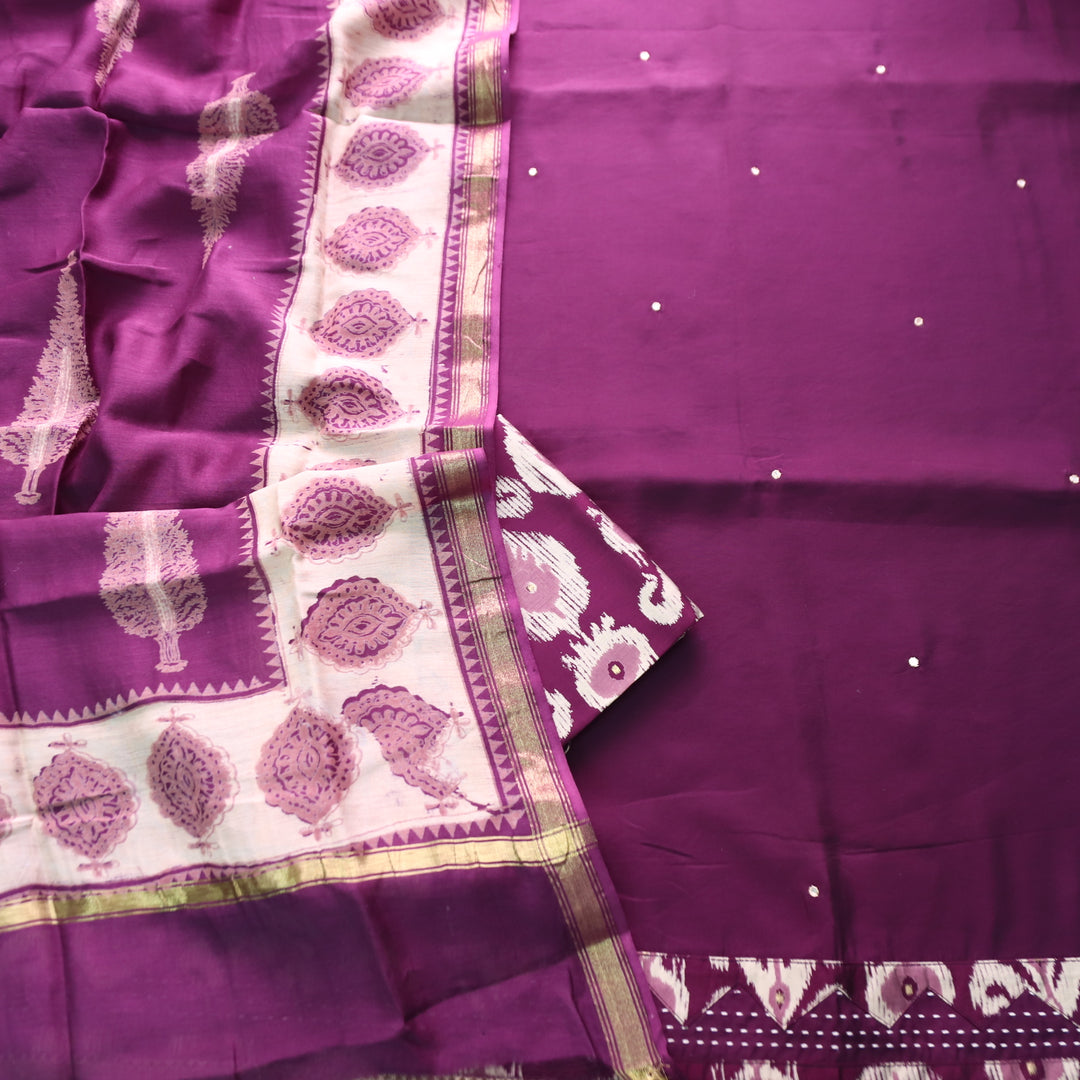 Anjaana Blueberry Purple Digital Printed Hem with Patra Work Detailing Modal Set