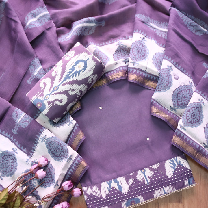 Anjaana Mauve Purple Digital Printed Hem with Patra Work Detailing Modal Set