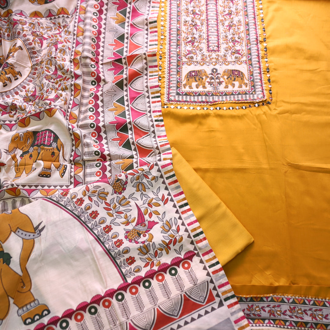 Parvani Dijon Yellow with Madhubani Print Yoke with Thread Glazed Cotton Suit Set