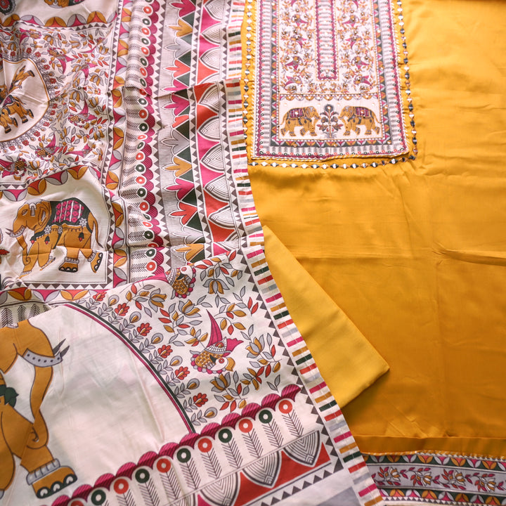Parvani Dijon Yellow with Madhubani Print Yoke with Thread Glazed Cotton Suit Set