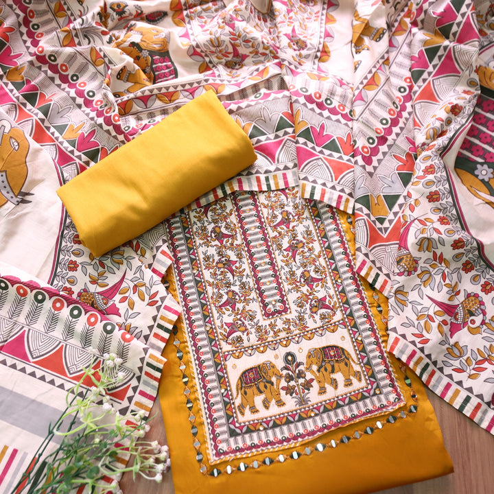 Parvani Dijon Yellow with Madhubani Print Yoke with Thread Glazed Cotton Suit Set