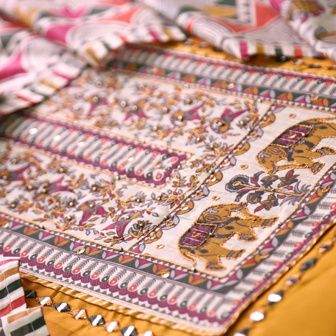 Parvani Dijon Yellow with Madhubani Print Yoke with Thread Glazed Cotton Suit Set