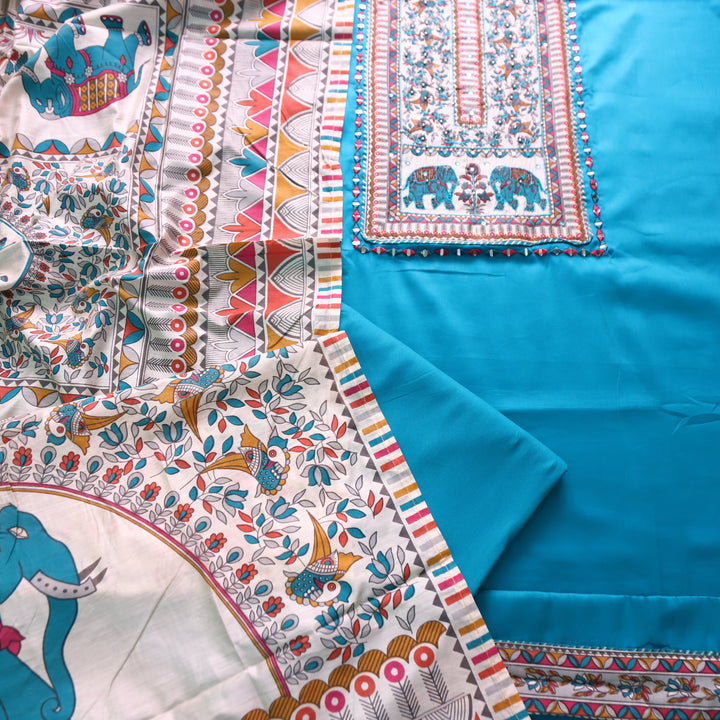 Parvani Spring Blue with Madhubani Print Yoke with Thread Glazed Cotton Suit Set