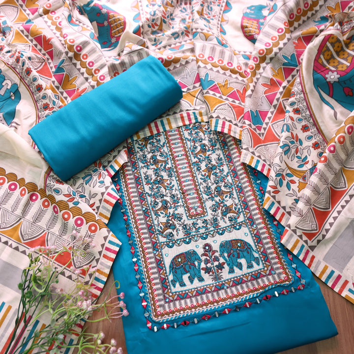 Parvani Spring Blue with Madhubani Print Yoke with Thread Glazed Cotton Suit Set
