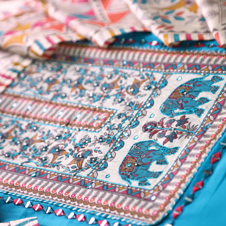 Parvani Spring Blue with Madhubani Print Yoke with Thread Glazed Cotton Suit Set
