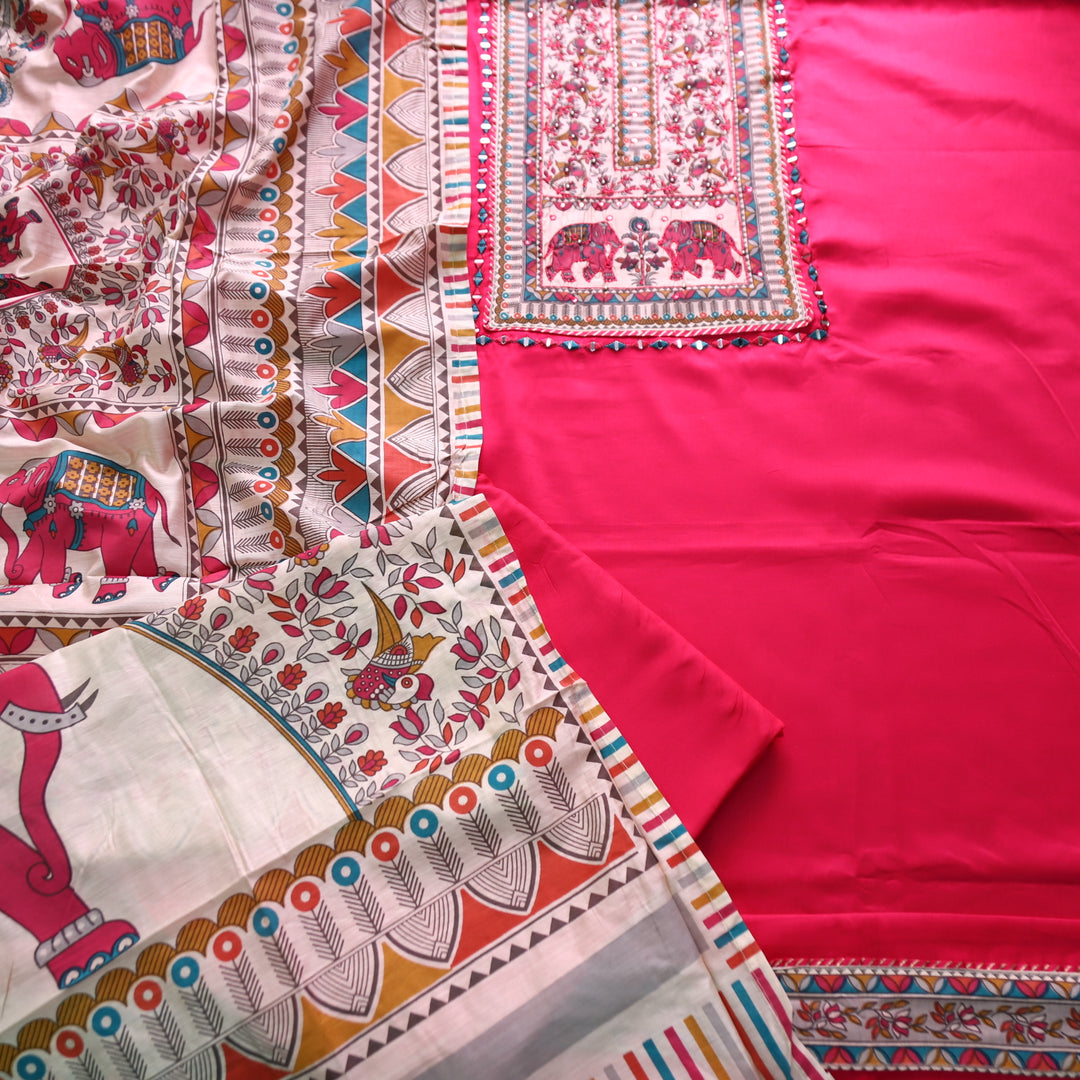 Parvani Bright PInk with Madhubani Print Yoke with Thread Glazed Cotton Suit Set