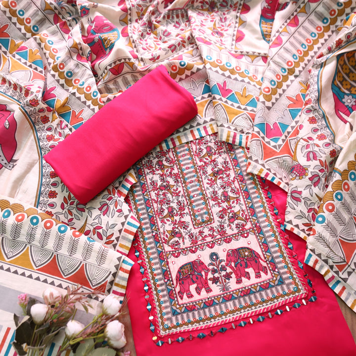 Parvani Bright PInk with Madhubani Print Yoke with Thread Glazed Cotton Suit Set