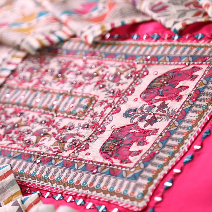 Parvani Bright PInk with Madhubani Print Yoke with Thread Glazed Cotton Suit Set