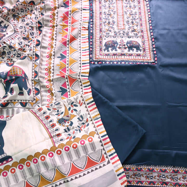 Parvani Navy Blue with Madhubani Print Yoke with Thread Glazed Cotton Suit Set