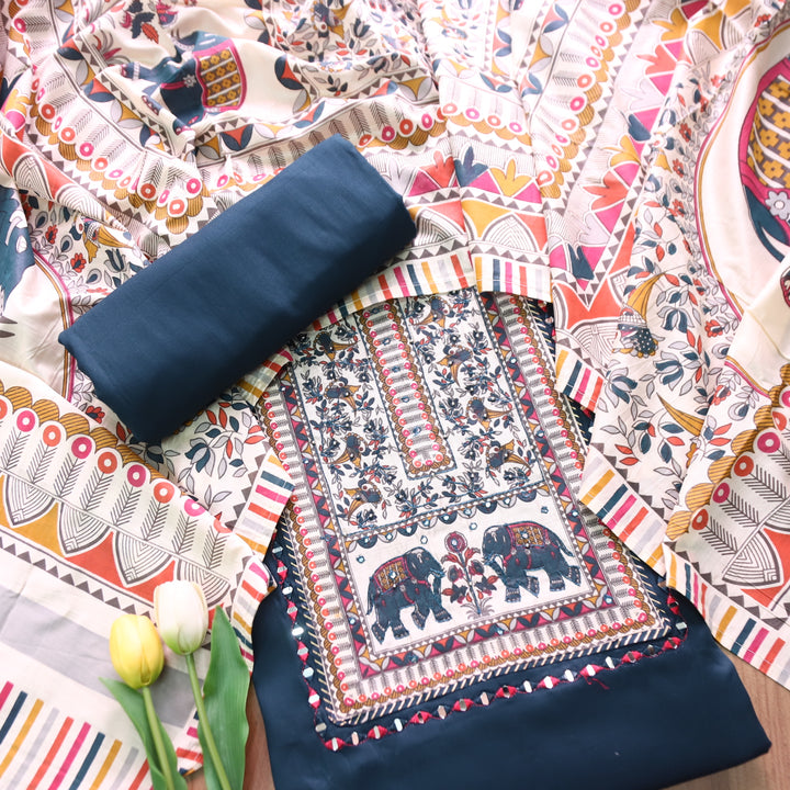 Parvani Navy Blue with Madhubani Print Yoke with Thread Glazed Cotton Suit Set