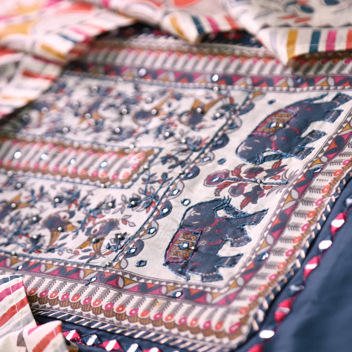 Parvani Navy Blue with Madhubani Print Yoke with Thread Glazed Cotton Suit Set