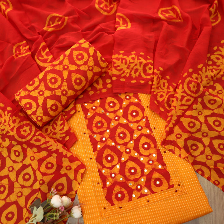 Sanskriti Tangerine Orange Batik Print with Patra Work Rinning Stitch Cotton Suit Set-D1