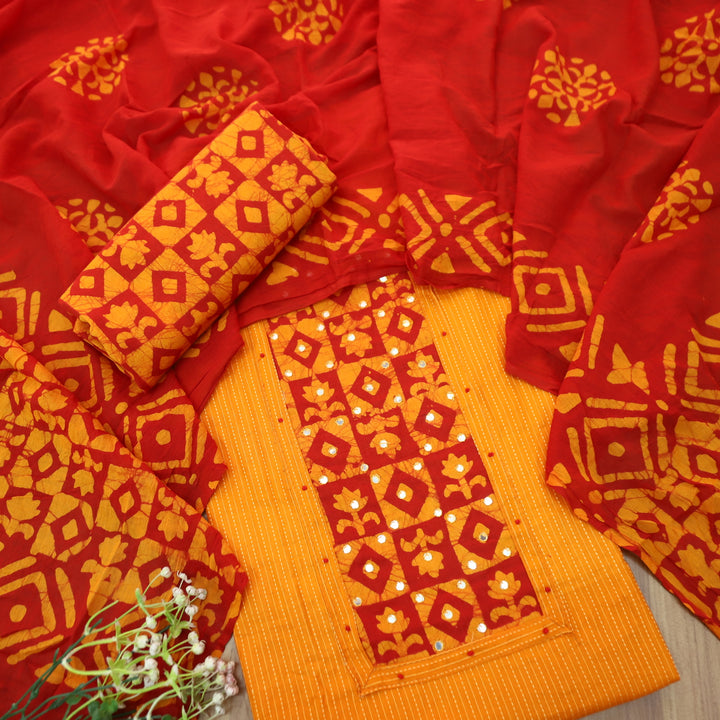 Sanskriti Tangerine Orange Batik Print with Patra Work Rinning Stitch Cotton Suit Set-D2