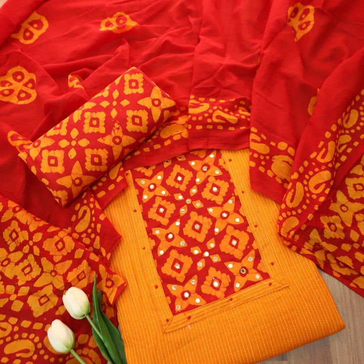 Sanskriti Tangerine Orange Batik Print with Patra Work Rinning Stitch Cotton Suit Set-D3