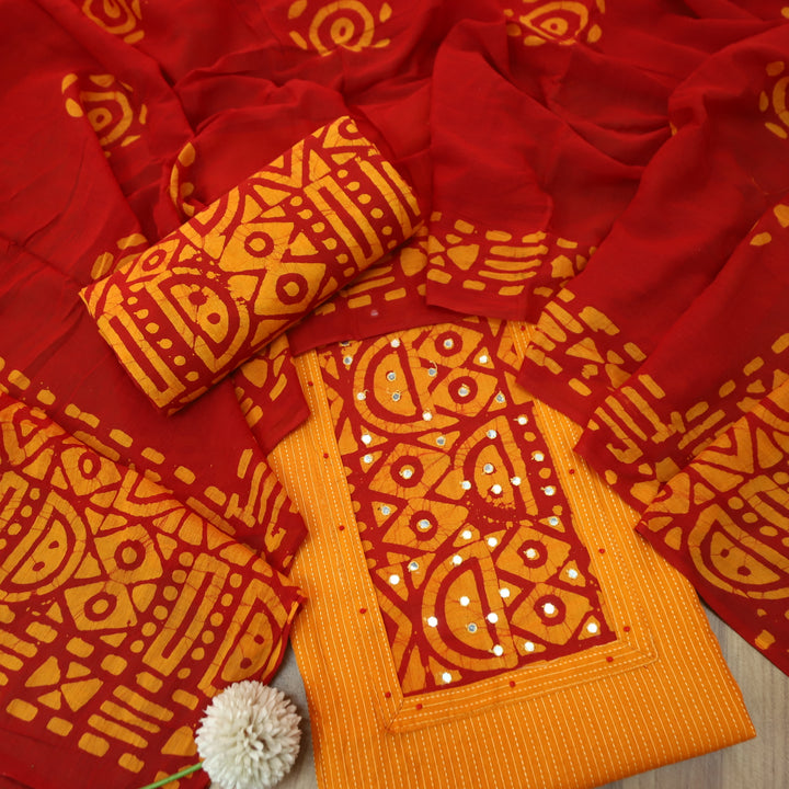 Sanskriti Tangerine Orange Batik Print with Patra Work Rinning Stitch Cotton Suit Set-D4