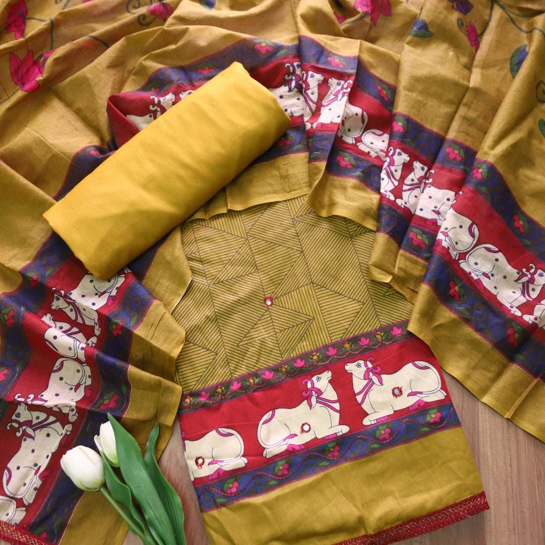 Gajjani Mustard Yellow Self Print with Patra and Pichwai Print Hem Jam Cotton Set